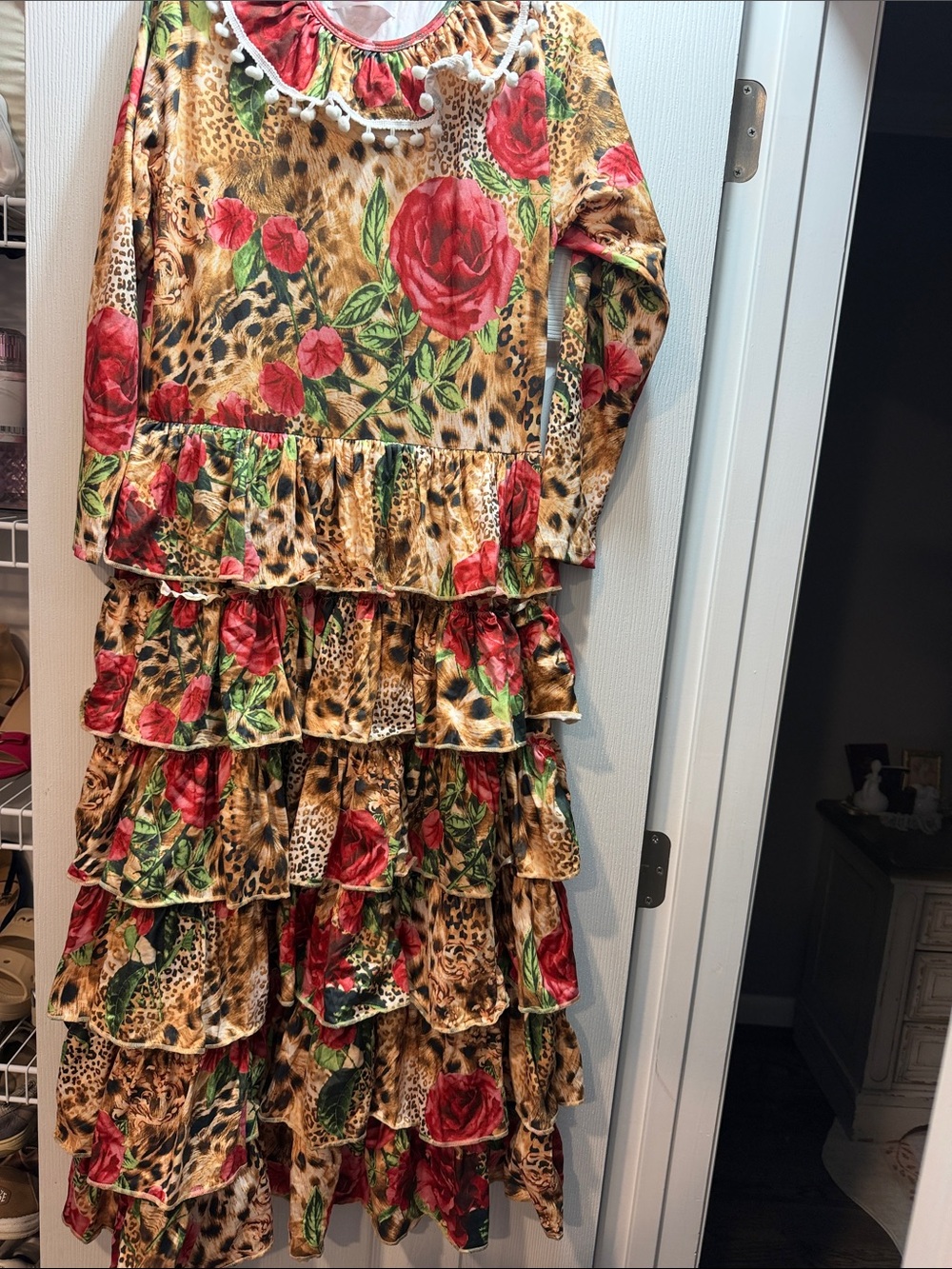 Girls Long-Sleeve Rose & Leopard Tiered Ruffle Dress - Red
